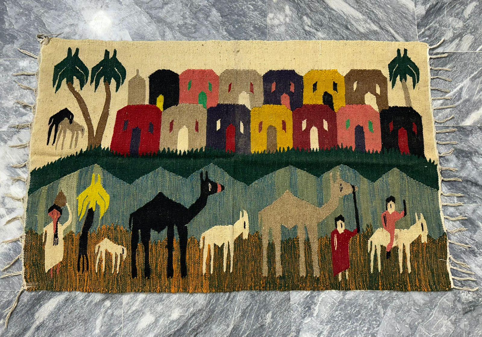 Belle Tapisserie Murale En Laine Tissée Main - 1,9 Pieds - Art Folklorique égyptien Avec Motifs Animaux Et Nature