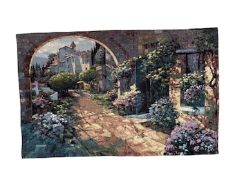 Handmade European Landscape Tapestry Wall Art Vintage Woven Garden Scene Large Architectural Tapestry Decor Antique Textile Wall Hanging