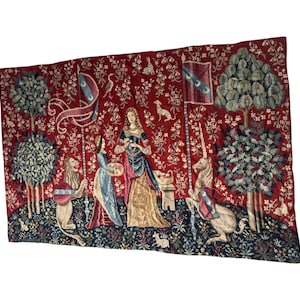 Antique Medieval Tapestry Wall Hanging – Lady & the Unicorn – Handmade French Style Art – 4ft x 2.8ft – Red Gothic Castle Decor