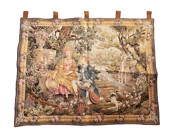 Antique Handmade Pastoral Tapestry Wall Hanging Vintage European Art Decor Garden Scene Christmas Gift