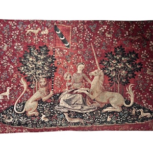 Antique French Unicorn Tapestry | Handmade Medieval Wall Art | Vintage Textile Décor | 32x47 Inch Woven Wall Hanging | Gothic Home Decor
