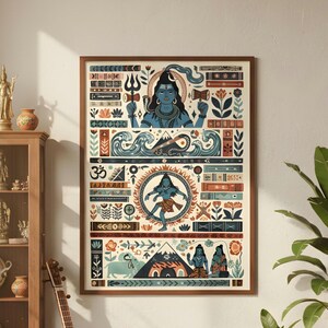 Pode incluir: Uma impress&atilde;o art&iacute;stica emoldurada com uma ilustra&ccedil;&atilde;o detalhada de divindades e s&iacute;mbolos hindus. A obra de arte apresenta uma figura de pele azul, padr&otilde;es florais e o s&iacute;mbolo Om, tudo dentro de uma moldura de madeira castanha. A paleta de cores inclui azuis, laranjas e castanhos.