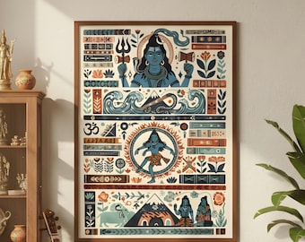 Peut inclure: Une affiche encadrée représentant des divinités et symboles hindous. L'œuvre d'art présente une figure à la peau bleue, des motifs floraux et le symbole Om, le tout dans un cadre en bois marron. La palette de couleurs comprend des bleus, des oranges et des bruns.
