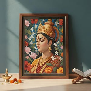 May include: A framed art print featuring a serene portrait of a woman adorned with a golden crown and jewelry. The artwork is set against a backdrop of colorful flowers, including pink lotuses and white blossoms. The frame is a warm brown.