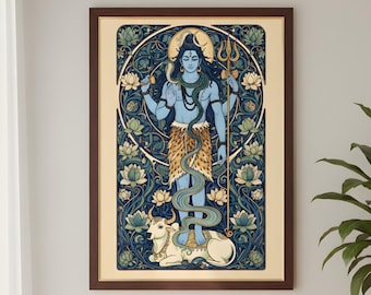 Pode incluir: Impressão artística emoldurada apresentando uma divindade de pele azul com vários braços, segurando um tridente. A obra de arte é cercada por padrões florais em tons de azul e verde, com um touro branco na parte inferior. A moldura é marrom escuro.