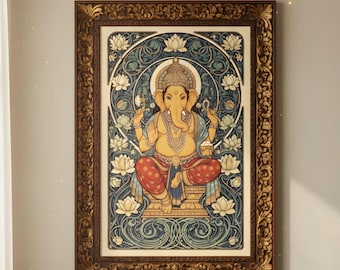 Peut inclure: Une œuvre d'art encadrée représentant la divinité hindoue Ganesha, assis avec un teint jaune, des vêtements rouges et bleus, et une coiffe décorative. L'œuvre est entourée d'un motif floral bleu et blanc et encadrée dans un cadre en bois brun foncé orné.