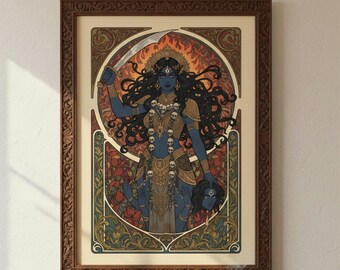 Pode incluir: Uma impressão artística emoldurada da deusa hindu Kali, retratada com pele azul, segurando uma espada e uma cabeça decepada. A obra de arte apresenta detalhes ornamentados e uma paleta de cores quentes, com uma moldura de madeira marrom.