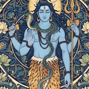 Peut inclure: Illustration d'une divinit&eacute; &agrave; la peau bleue avec de longs cheveux fonc&eacute;s, orn&eacute;e d'un serpent, de bijoux et d'un pagne. La figure tient un trident et un tambour, entour&eacute;e de motifs floraux dans les tons de bleu et de vert, avec un halo dor&eacute;.