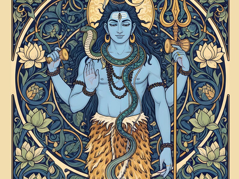 Peut inclure: Illustration d'une divinit&eacute; &agrave; la peau bleue avec de longs cheveux fonc&eacute;s, orn&eacute;e d'un serpent, de bijoux et d'un pagne. La figure tient un trident et un tambour, entour&eacute;e de motifs floraux dans les tons de bleu et de vert, avec un halo dor&eacute;.