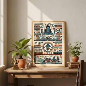 Pode incluir: Uma impress&atilde;o art&iacute;stica emoldurada com uma ilustra&ccedil;&atilde;o colorida de divindades e s&iacute;mbolos hindus. A obra de arte inclui imagens de Shiva, o s&iacute;mbolo Om e v&aacute;rios elementos decorativos em tons de azul, laranja e creme. A impress&atilde;o &eacute; exibida em uma mesa de madeira.