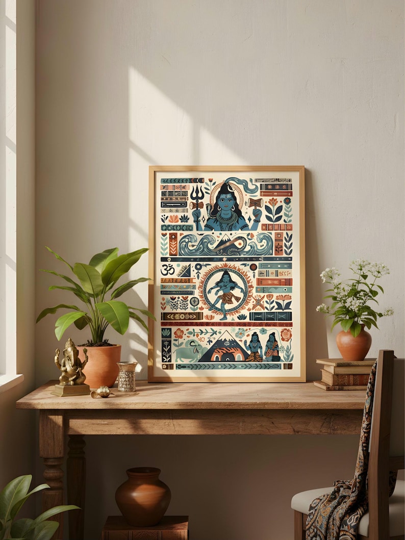 Pode incluir: Uma impress&atilde;o art&iacute;stica emoldurada com uma ilustra&ccedil;&atilde;o colorida de divindades e s&iacute;mbolos hindus. A obra de arte inclui imagens de Shiva, o s&iacute;mbolo Om e v&aacute;rios elementos decorativos em tons de azul, laranja e creme. A impress&atilde;o &eacute; exibida em uma mesa de madeira.