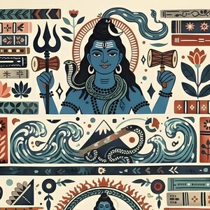 Pode incluir: Uma ilustra&ccedil;&atilde;o vibrante de uma divindade de pele azul com uma lua crescente na cabe&ccedil;a, segurando um tridente e um tambor. A obra apresenta elementos decorativos como ondas, cobras e padr&otilde;es florais em tons de azul, vermelho e castanho.