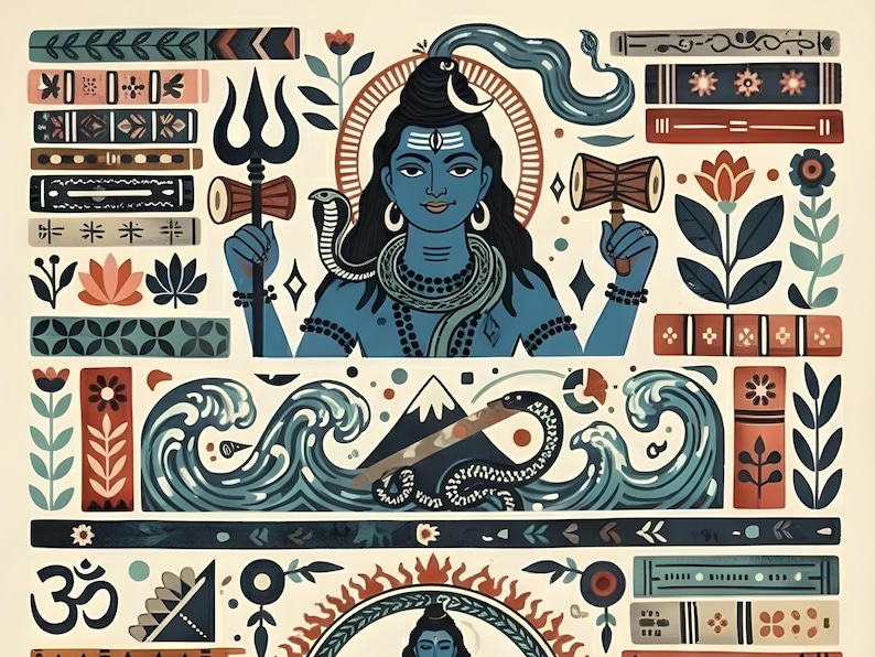 Pode incluir: Uma ilustra&ccedil;&atilde;o vibrante de uma divindade de pele azul com uma lua crescente na cabe&ccedil;a, segurando um tridente e um tambor. A obra apresenta elementos decorativos como ondas, cobras e padr&otilde;es florais em tons de azul, vermelho e castanho.