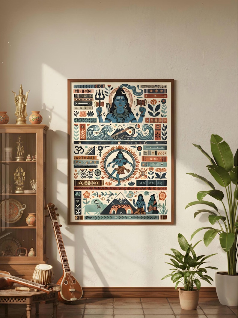 Pode incluir: Uma impress&atilde;o art&iacute;stica emoldurada com uma ilustra&ccedil;&atilde;o detalhada de divindades e s&iacute;mbolos hindus. A obra de arte apresenta uma figura de pele azul, padr&otilde;es florais e o s&iacute;mbolo Om, tudo dentro de uma moldura de madeira castanha. A paleta de cores inclui azuis, laranjas e castanhos.
