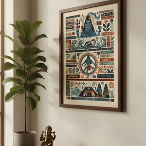 Pode incluir: Uma impress&atilde;o art&iacute;stica emoldurada com uma ilustra&ccedil;&atilde;o colorida de divindades e s&iacute;mbolos hindus. A obra de arte inclui figuras de Shiva, o s&iacute;mbolo Om e outros motivos religiosos em tons de azul, vermelho e bege. A moldura &eacute; marrom escuro.