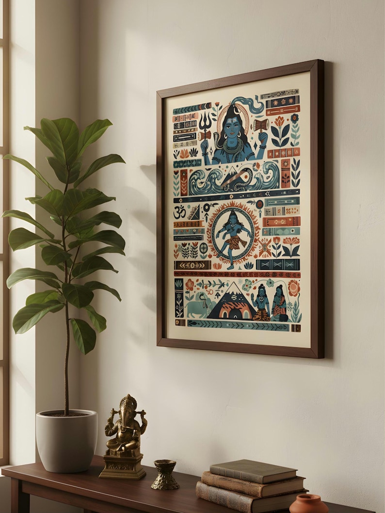 Pode incluir: Uma impress&atilde;o art&iacute;stica emoldurada com uma ilustra&ccedil;&atilde;o colorida de divindades e s&iacute;mbolos hindus. A obra de arte inclui figuras de Shiva, o s&iacute;mbolo Om e outros motivos religiosos em tons de azul, vermelho e bege. A moldura &eacute; marrom escuro.