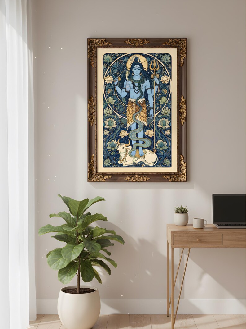 Peut inclure: Une impression d'art encadr&eacute;e repr&eacute;sentant une divinit&eacute; bleue avec plusieurs bras, tenant un trident et d'autres symboles. L'&oelig;uvre est plac&eacute;e sur un fond de motifs floraux bleus et dor&eacute;s, avec un taureau blanc en bas. Le cadre est marron fonc&eacute; avec des accents dor&eacute;s.