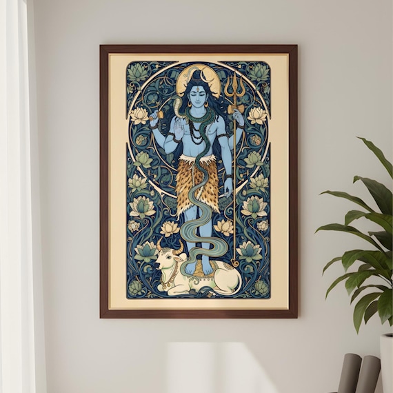 Lord Shiva Art Nouveau Print: Mahadeva, Nandi, Cosmic Art (Digital Download)