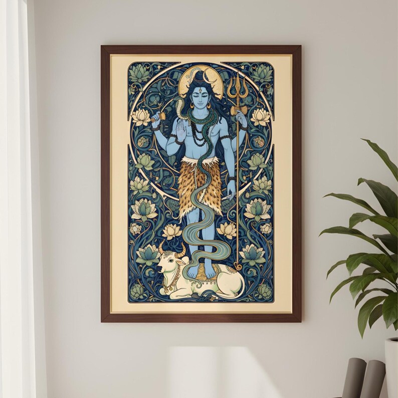 Peut inclure: Impression d'art encadr&eacute;e repr&eacute;sentant une divinit&eacute; &agrave; la peau bleue avec plusieurs bras, tenant un trident. L'&oelig;uvre est entour&eacute;e de motifs floraux bleus et verts, avec un taureau blanc en bas. Le cadre est de couleur marron fonc&eacute;.