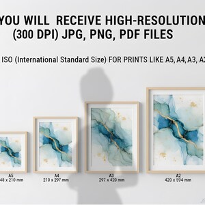 Pode incluir: Quatro impress&otilde;es de arte emolduradas em tamanhos A5 a A2, com designs abstratos em aquarela azul e dourado. A imagem inclui texto que indica que as impress&otilde;es s&atilde;o arquivos JPG, PNG e PDF de alta resolu&ccedil;&atilde;o, e os tamanhos est&atilde;o em mil&iacute;metros.