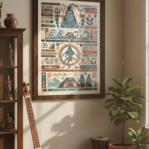 Pode incluir: Uma impress&atilde;o art&iacute;stica emoldurada com uma ilustra&ccedil;&atilde;o detalhada de divindades e s&iacute;mbolos hindus em tons de azul, laranja e branco. A obra de arte est&aacute; em uma moldura de madeira marrom escura. A impress&atilde;o &eacute; exibida em uma sala bem iluminada com um instrumento musical e plantas em vasos.