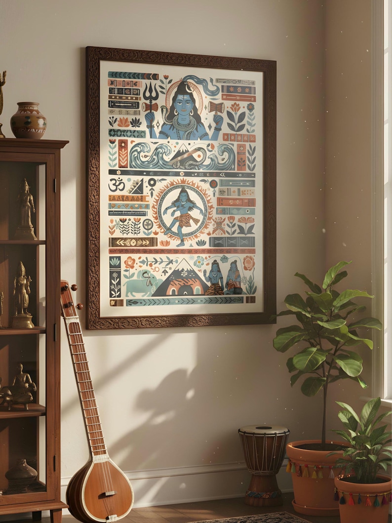 Pode incluir: Uma impress&atilde;o art&iacute;stica emoldurada com uma ilustra&ccedil;&atilde;o detalhada de divindades e s&iacute;mbolos hindus em tons de azul, laranja e branco. A obra de arte est&aacute; em uma moldura de madeira marrom escura. A impress&atilde;o &eacute; exibida em uma sala bem iluminada com um instrumento musical e plantas em vasos.