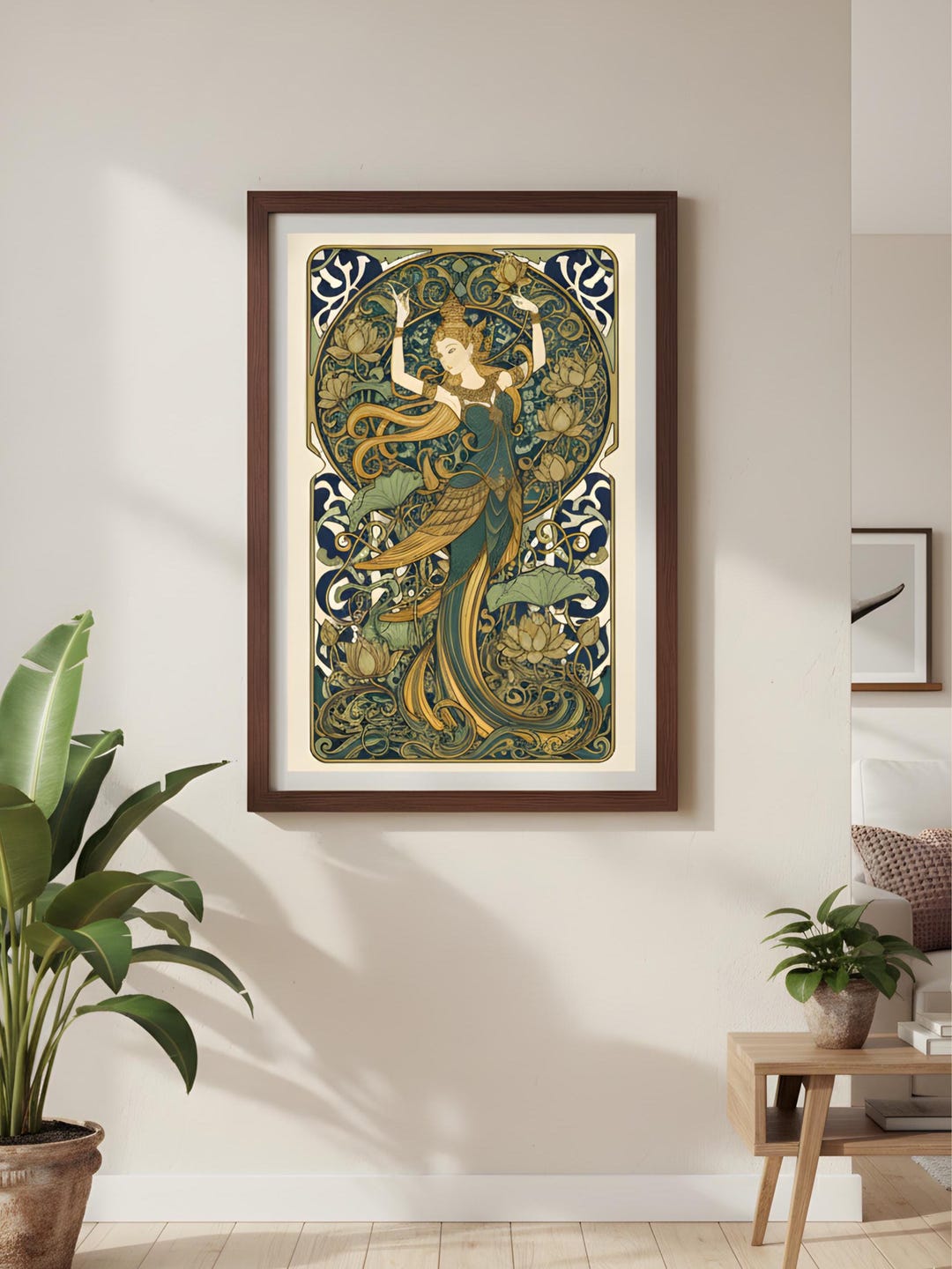 Kinnaree Thai Art Nouveau Print | Goddess, Lotus Flowers (digital ...