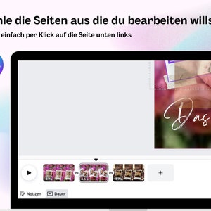 May include: A screenshot of a Canva video editor interface showing a video with the text "Das feer" in white cursive font on a pink and green background. The video is being edited with a timeline below the video player. The timeline shows three video clips with the duration of each clip displayed.