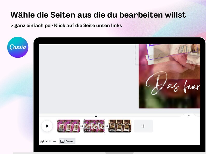 May include: A screenshot of a Canva video editor interface showing a video with the text "Das feer" in white cursive font on a pink and green background. The video is being edited with a timeline below the video player. The timeline shows three video clips with the duration of each clip displayed.
