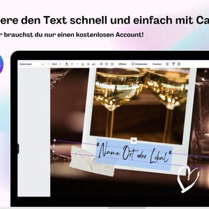 May include: A screenshot of a laptop screen showing the Canva website. The screen shows a design template with two glasses of wine and a candle. The text "Name Ort oder Lokal" is on a blue and white sticker with a ripped edge.