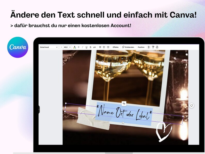 May include: A screenshot of a laptop screen showing the Canva website. The screen shows a design template with two glasses of wine and a candle. The text "Name Ort oder Lokal" is on a blue and white sticker with a ripped edge.