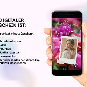 May include: A digital gift certificate on a smartphone screen with a pink floral background. The text on the screen reads "Alles Gute zum Geburtstag Liebe Mama".
