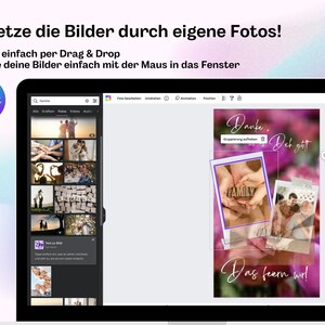 May include: A screenshot of a Canva design interface showing a user creating a card with a pink floral background. The card features a photo of hands holding a wooden sign that says "FAMILY". The text on the card says "Danke,  Deh ght Das feern wir!"