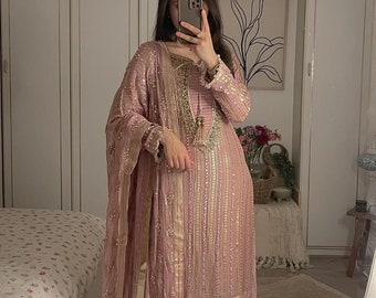 Palazzo Suit with Sharara Suit, Georgette with Sequence Embroidery, Sharara and Dupatta Set, Beautiful 3 Piece, Wedding Outfits
