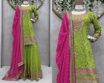 Traditional Mehendi Outfit for Women Kurti Sharara with Dupatta Set, Georgette Embroidered Salwar Kameez Set, Women 3 PC Green Sharara Suit