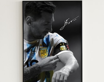 Lionel Messi Cartel Fútbol Jersey Argentina Cartel Fútbol Messi Pared Arte Blanco y Negro Fanático del Fútbol Regalo para él Firma