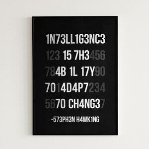 May include: Black and white typography print with the text "1N73LL1G3NC3", "123 15 7H3 456", "784B 1L 17Y90", "7014D4P7234", "5670 CH4NG37", and "-573PH3N H4WK1NG".