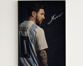 Lionel Messi cartel fútbol Jersey Argentina cartel fútbol Messi pared arte jugador de fútbol cartel aficionado al fútbol regalo para él firma