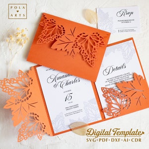 Invitación triple de boda SVG, Hojas de arce secas invitación de boda de otoño, invitación de acción de gracias para Cricut, corte láser, Silhouette svg dxf