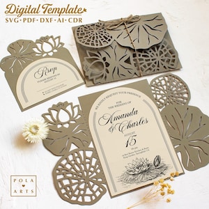 睡蓮の招待状テンプレート SVG、Cricut 用葉付き結婚式招待状セット、レーザーカット、シルエット (svg dxf ai cdr)