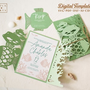Meer Hochzeit Set Einladung Vorlage svg, Korallenriff mit Fisch Umschlag, Tischkarten Vorlage für Cricut Laser Silhouette (svg dxf ai cdr)