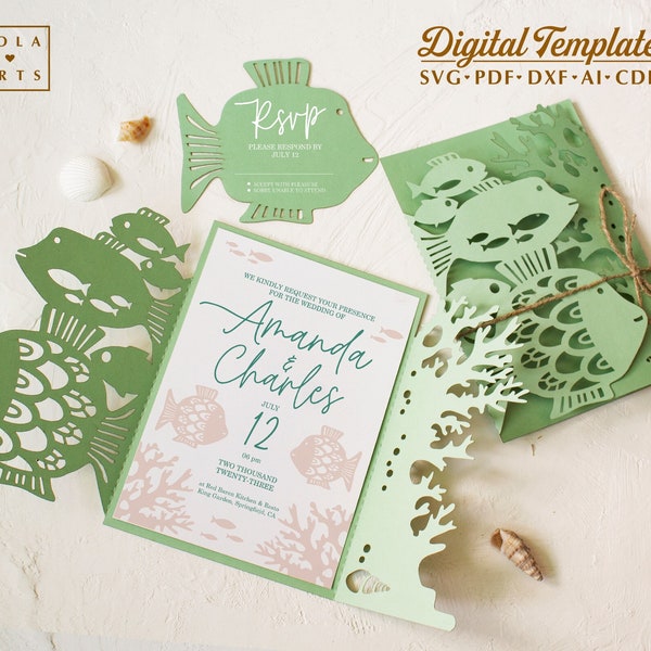 Sea wedding set invitation template svg, coral reef with fish envelope, place card template for Cricut Laser Silhouette (svg dxf ai cdr)