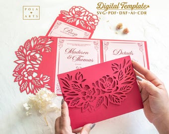 Floral Lace Wedding Invitation Template: Laser Cut SVG, Cricut (Digital Download)