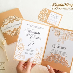 Wedding Roses invitation SVG template, elegant 5x7 pocket envelope for Cricut, Laser Cut, Silhouette (svg dxf ai cdr)