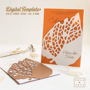 Modèle d'invitation de mariage feuille sèche SVG, carte d'invitation de poche pour Thanksgiving automne pour Cricut, découpé au laser, Silhouette (svg dxf ai cdr)