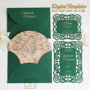 Wedding invitation template set SVG, roses elegant invite card rsvp, wedding envelope for Cricut, laser cut, Silhouette (svg dxf ai cdr)