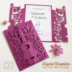 Bruiloft uitnodiging SVG-sjabloon, gatefold rozen gitaar, vouwen uitnodigingskaart, muziekfeestkaart voor Cricut, lasergesneden, silhouet dxf svg
