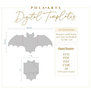 May include: A digital template for a bat-shaped card. The template is 11.8 inches wide and 7 inches tall. The template includes SVG, PDF, DXF, CDR, and AI file formats. The text "Digital Template" is in a gold box. The text "ATTENTION! Images and fonts are not included in the set" is in a white box with a gold border.