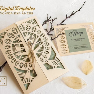 Modèle d'invitation folklorique SVG, mariage rustique, branches d'arbre pliantes avec enveloppe de feuilles sèches pour Cricut Laser Silhouette (svg dxf ai cdr)
