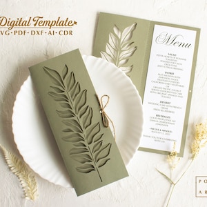 Hochzeit Menü Vorlage svg, Olivenzweig mit Blätter Vorlage, Klapptisch Menü für Cricut, Laser Cut, Silhouette (svg dxf ai cdr)